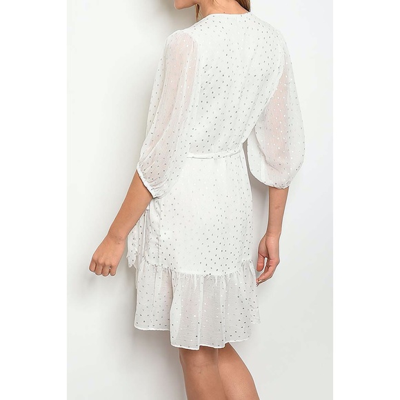 White Silver Dots Ruffle Hem Wrap Dress - Picture 2 of 9